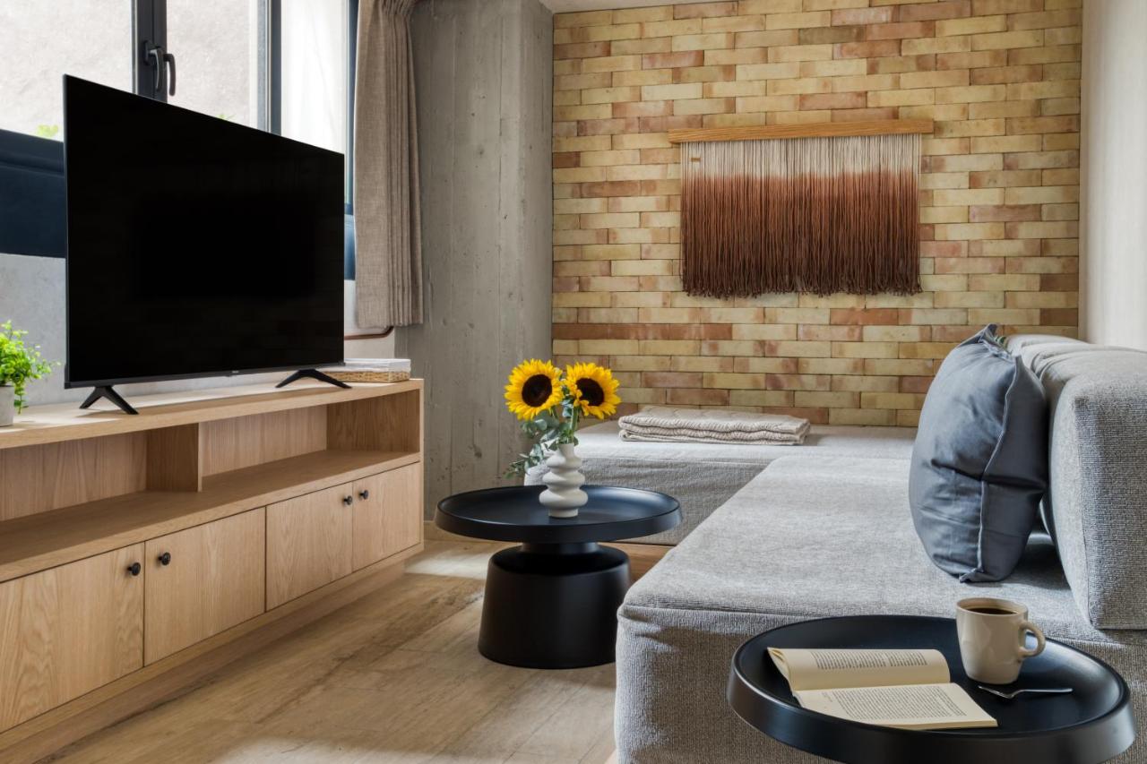 Living room with exposed brick